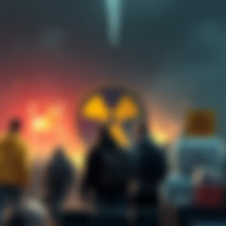 A group of people gathering supplies in preparation for a possible nuclear threat, with a backdrop of a warning sign about nuclear danger.