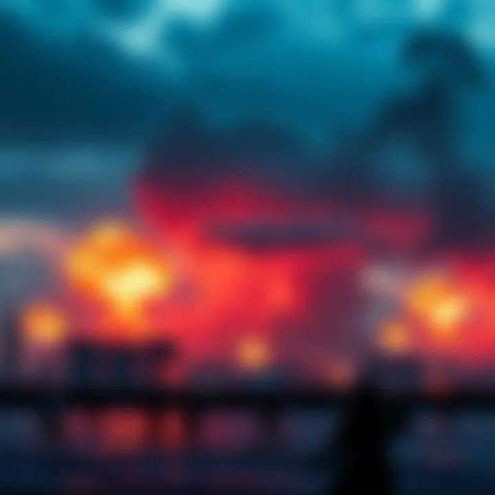 A dark skyline with explosions in the background, symbolizing a nuclear attack. People are seen running in fear, and smoke billows into the sky.