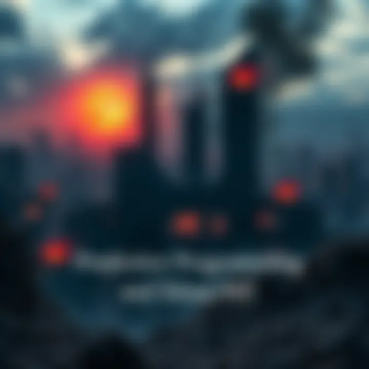 A devastated cityscape with crumbling buildings and dark skies, symbolizing nuclear destruction and its aftermath.