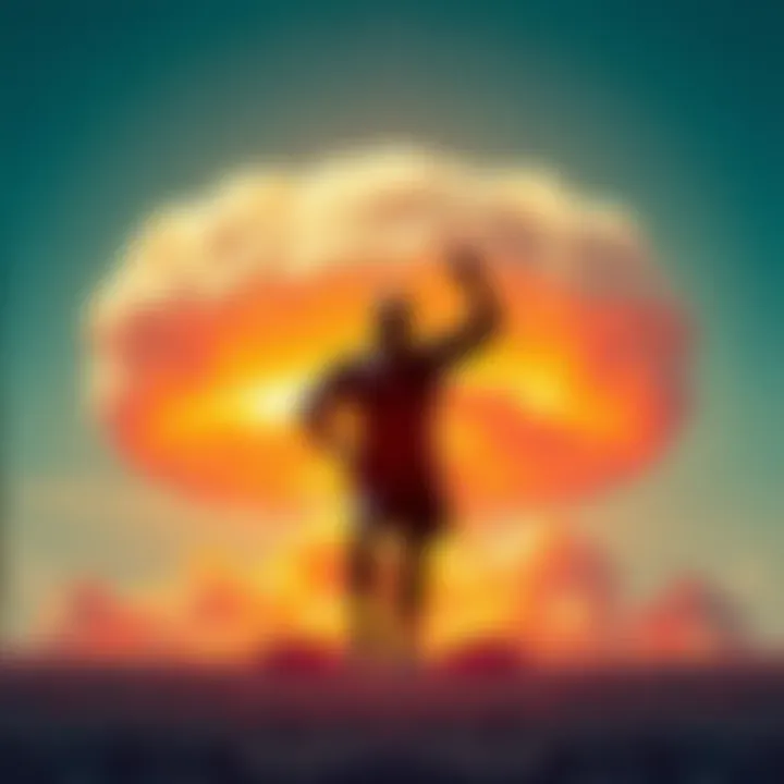 A depiction of a looming nuclear mushroom cloud with a silhouette of a figure resembling a strong man representing Samson, symbolizing Israel's Samson Option.
