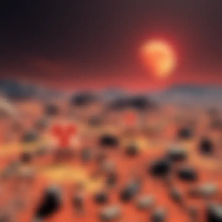 Nuclear Evidence on Mars Chemical signs suggesting a nuclear event on the surface of Mars, with rocky terrain and a reddish sky