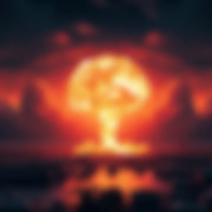 A dramatic nuclear explosion illuminates the sky over Hiroshima, showcasing the destruction caused by the atomic bomb.