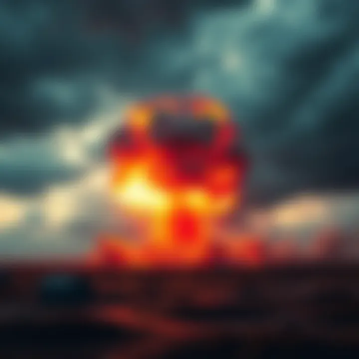 A dramatic landscape showing the aftermath of a nuclear explosion, with a dark sky and devastated ground, highlighting the human suffering from war.