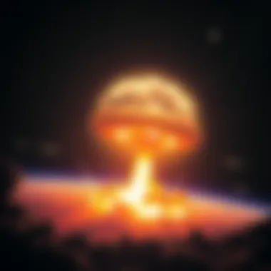 A bright nuclear explosion occurring in space, with UFOs hovering nearby observing the blast, depicting the concern of extraterrestrial factions about human nuclear capabilities.