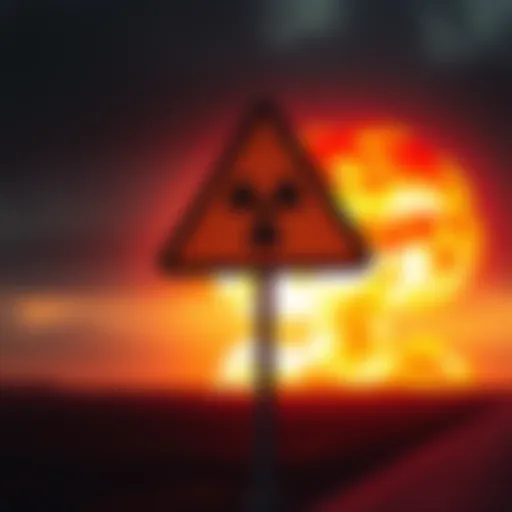 A warning sign depicting a nuclear explosion with a dark sky in the background, symbolizing global tensions.