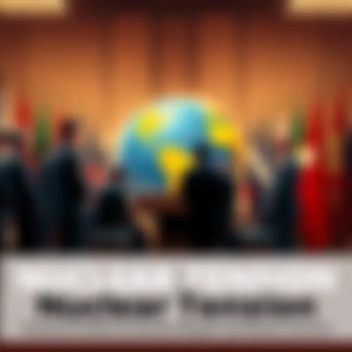 A group of world leaders discussing at a summit surrounded by flags and security personnel, with a globe in the background symbolizing global tensions.