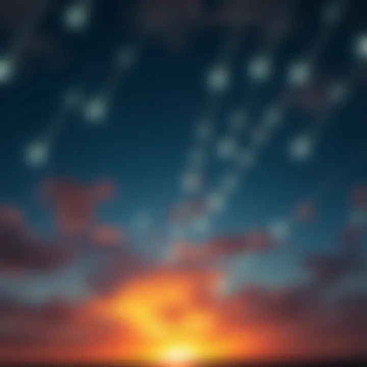 A dramatic sky filled with bright flashes corresponding to nuclear tests in the 1950s.