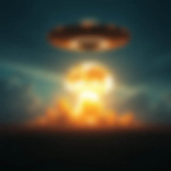 A depiction of a nuclear explosion with a UFO in the sky, highlighting the connection between the two events.