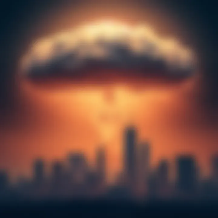 Nuclear Threat Over Major Cities A dark cloud looms over a city skyline, symbolizing the threat of nuclear options against urban areas like Chicago.