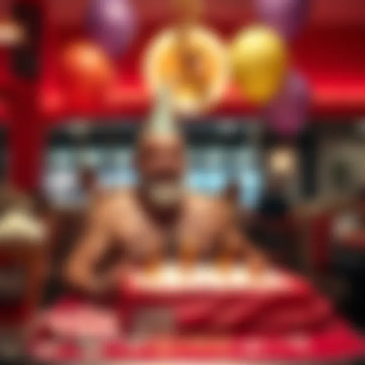 A man celebrating his birthday in the nude at Chuck E. Cheese with balloons and birthday decorations around him.