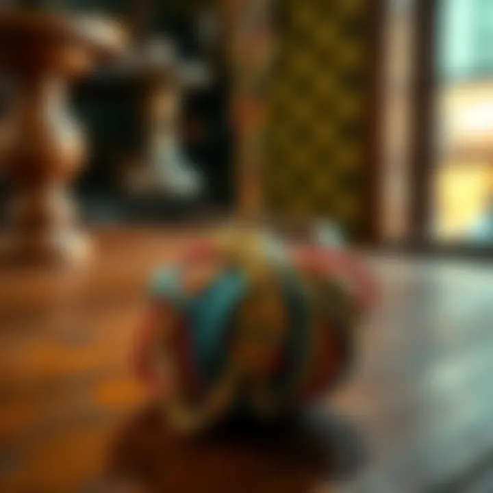 A close-up view of the Nudo de Bruja knot tied in colorful threads, resting on a wooden table.