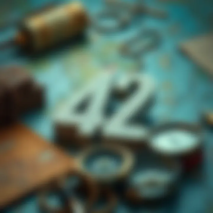 A close-up of the number 42 surrounded by travel-related items like a map and a compass, symbolizing personal experiences with the number in daily life.