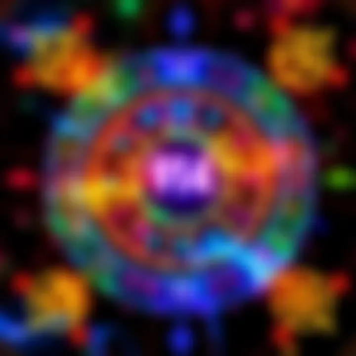 A colorful numerology chart showing various dates and their meanings with symbols representing personality traits.