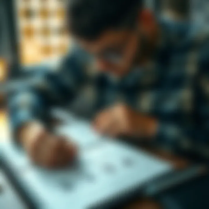 A person studying their numerology chart with numbers and symbols on a notebook