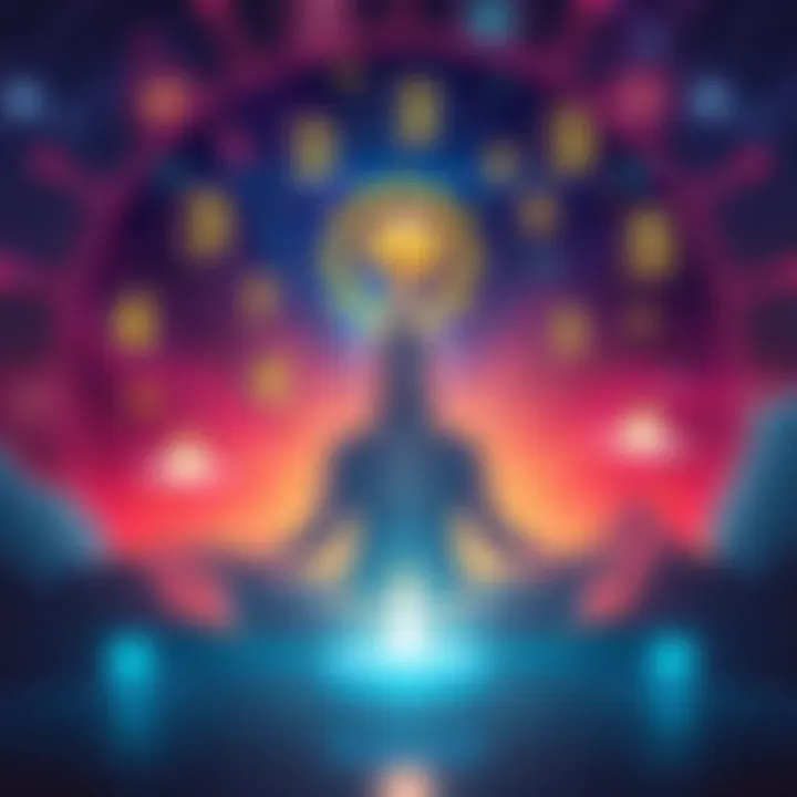 A vibrant illustration of a person meditating with numbers and symbols around them, symbolizing personal development and numerology.