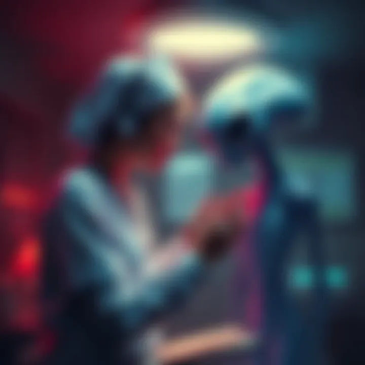 Nurse Communicates with Alien A nurse using telepathy to communicate with an alien in a mysterious setting