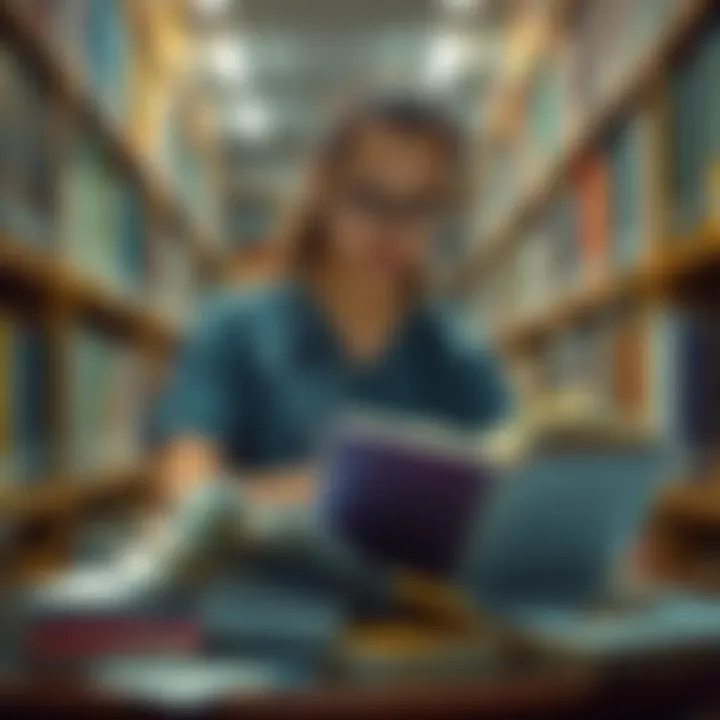 A nursing major studying in a library, surrounded by nursing textbooks and medical notes, focused on their studies.