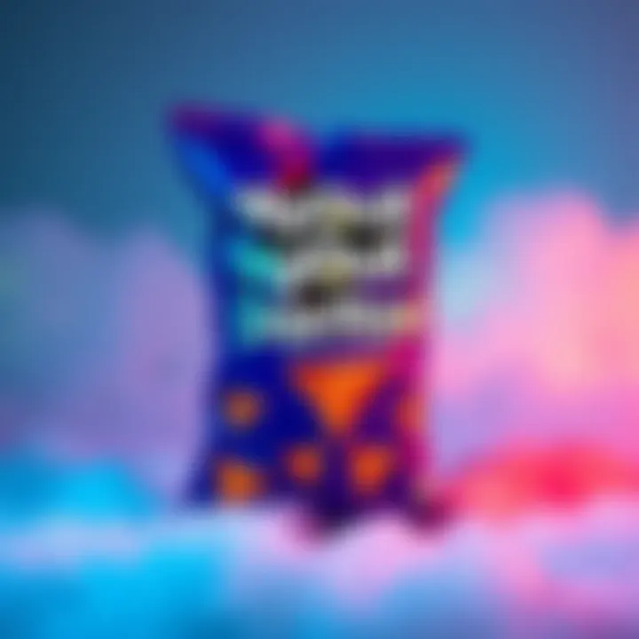 A bag of NyQuil Doritos with a dreamy background, suggesting a sleep aid snack idea, featuring vibrant colors and a whimsical design