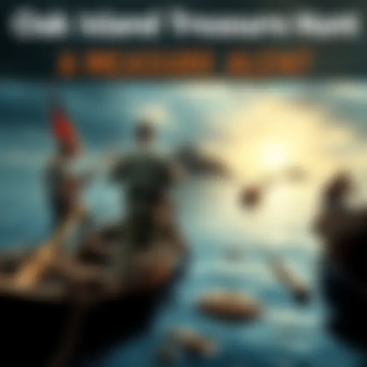 A view of Oak Island with treasure hunters searching for riches, surrounded by tools and boats.