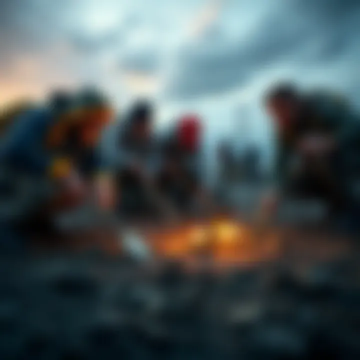 A group of treasure hunters examining the ground with tools on Oak Island, searching for clues to hidden treasure.