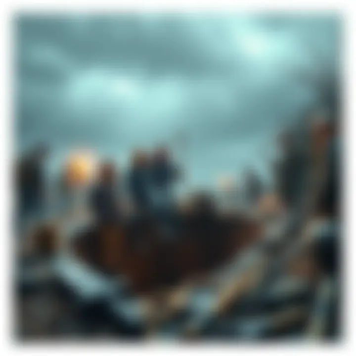 Treasure seekers at Oak Island A group of people searching for treasure at Oak Island's Money Pit, with tools and equipment scattered around a mysterious pit.