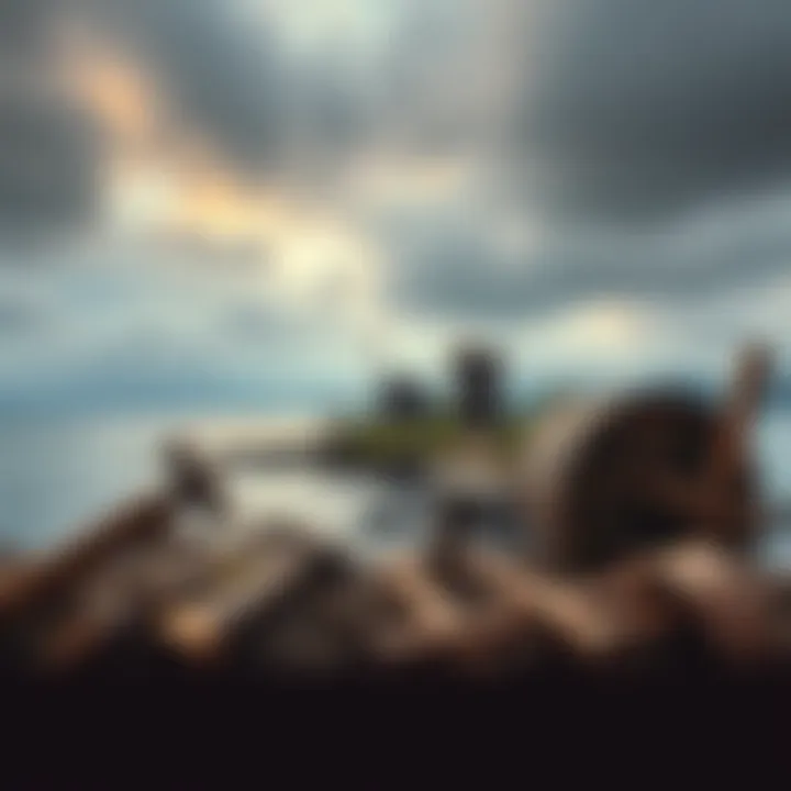 A view of Oak Island showing artifacts like old tools and pine tar barrels, highlighting its history of treasure hunting and Masonic connections.