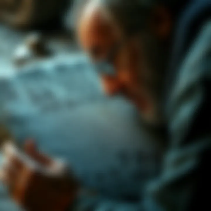 A person analyzing the Oak Island stone tablet with a magnifying glass, showing its inscriptions and symbols, while discussing insights with ChatGPT.