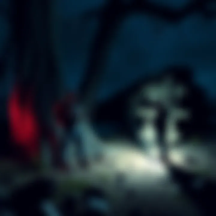 People exploring Oak Island at night with flashlights near an old hinge, searching for hidden treasure