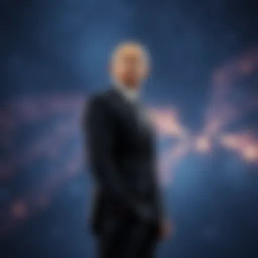 Former President Barack Obama standing confidently in front of a starry sky, symbolizing humanity's first contact with non-human intelligences, showcasing hope and leadership.