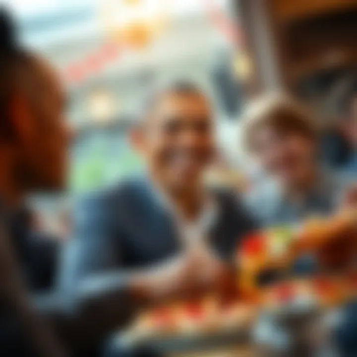 Barack Obama smiling while sharing pizza with friends at a casual gathering