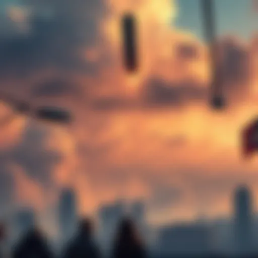 A dark shape descends from the clouds over a city skyline, with onlookers gazing up in surprise.