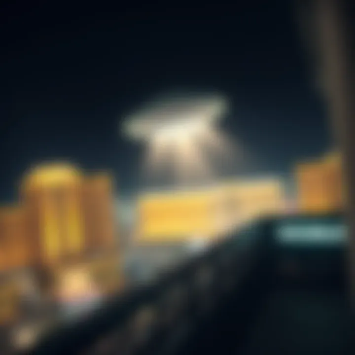 Object Rising from Balcony An unidentified object soaring upwards from a Las Vegas balcony at night, with lights glowing in the background.
