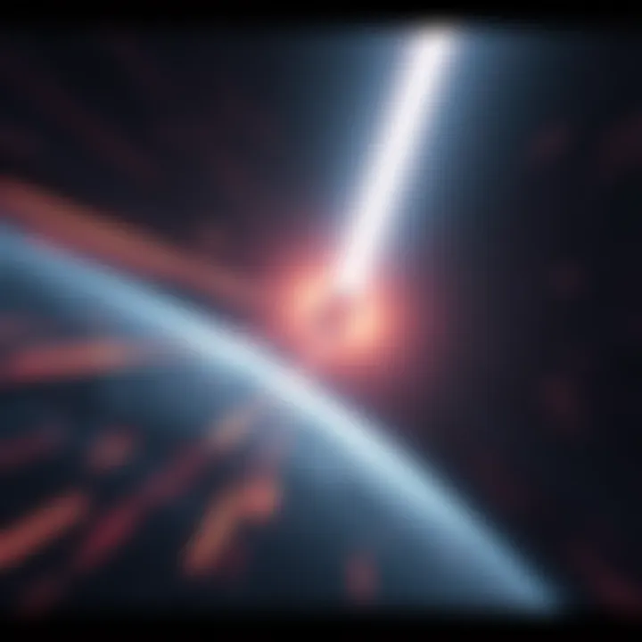 A bright object streaks through the night sky, entering Earth's atmosphere at high speed, surrounded by glowing trails.