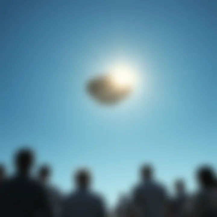 A strange object floating in a clear blue sky with people looking up in curiosity.