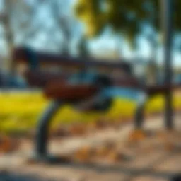 A close-up view of a mysterious item taped under a wooden public bench in a park.