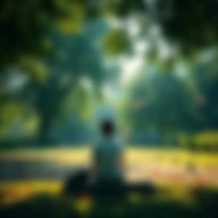 A person sitting quietly in a park, observing trees and birds around them, taking in the peaceful atmosphere.