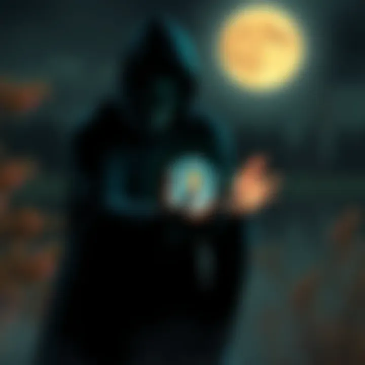 A shadowy figure casting a spell under a full moon, symbolizing the turmoil of obsession and its repercussions.