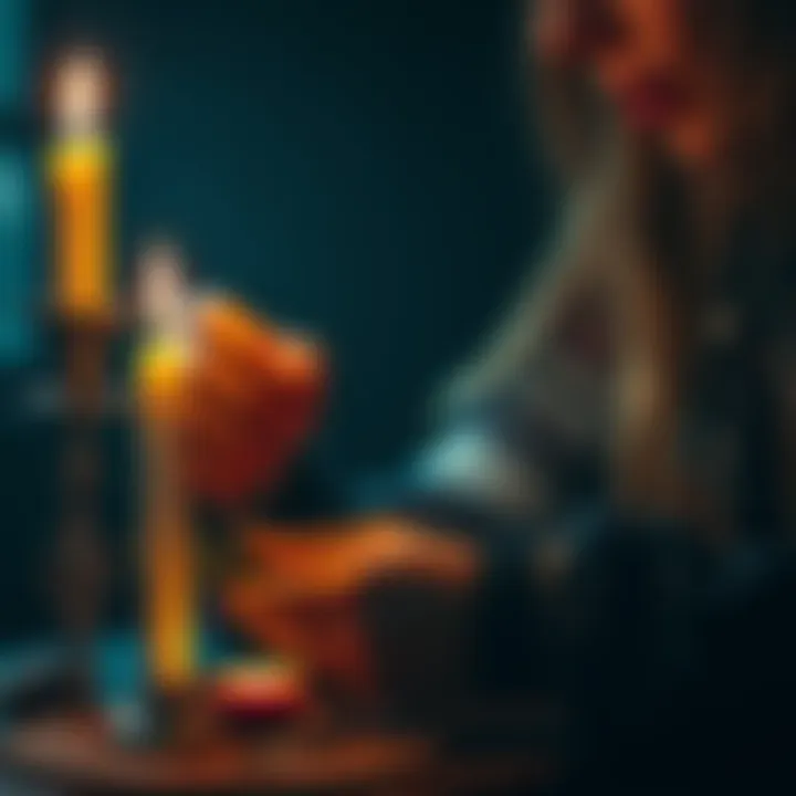 A person holding a candle and herbs, focusing on a small altar with love symbols, representing obsession spells and their emotional impact.