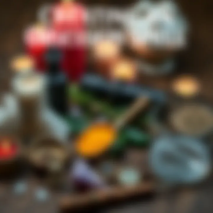 Various tools for creating an obsession spell, including candles, herbs, and crystals arranged on a wooden surface