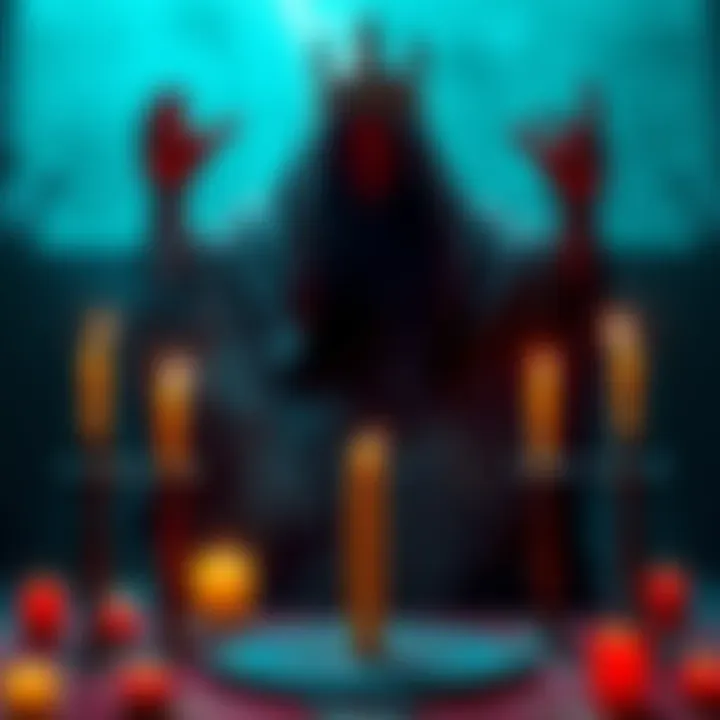 A shadowy figure performing a ritual with candles and symbols, representing elite involvement in occult practices.