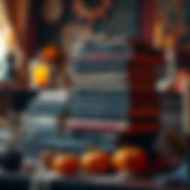 A spooky display of various occult ebooks stacked with Halloween decorations, including pumpkins and candles.