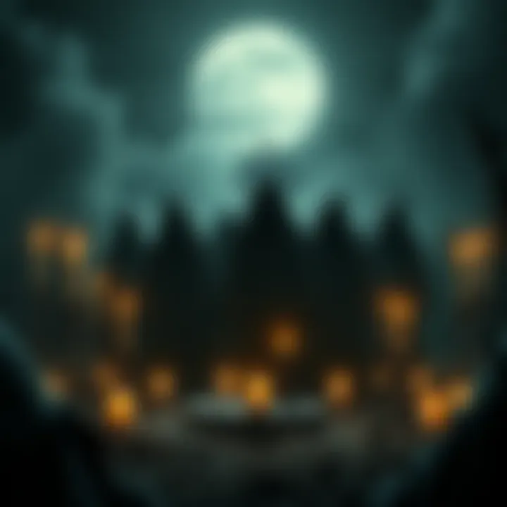 A group of people in dark cloaks performing a ritual under moonlight, surrounded by candles and symbols