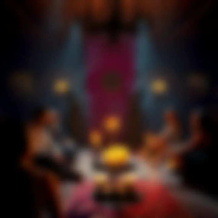 A group of people sitting in a dimly lit room, participating in a seance with candles and mystical symbols around them.