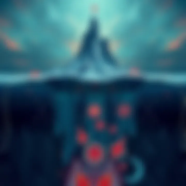 An illustration of an iceberg with occult symbols and themes, showcasing various layers of hidden knowledge and unhinged topics related to the occult.