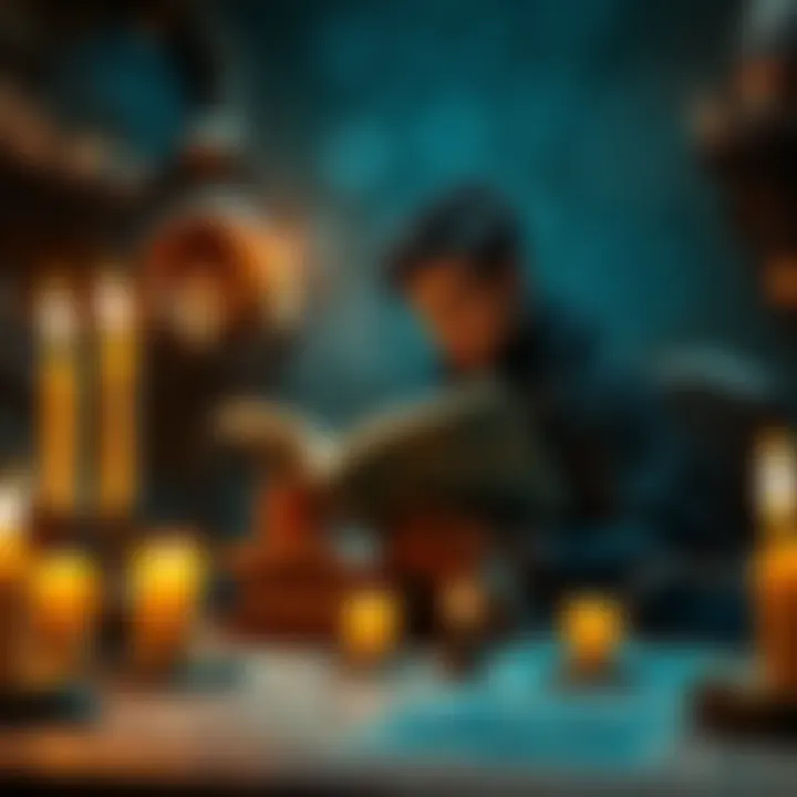 A person surrounded by candles and mystical symbols, reading a book on occult practices, deep in thought.