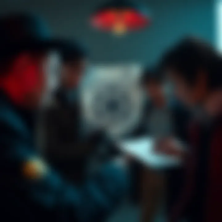 Occult Symbol Inquiry A group of people discussing and examining an occult symbol on paper, seeking to identify its meaning.