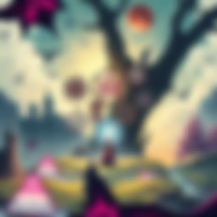 An illustration showing various occult symbols and alchemical elements found within the Noita game, blended with a fantasy landscape.