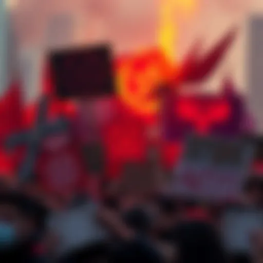 A collection of occult symbols intertwined with protest signs representing anti-authoritarian movements.