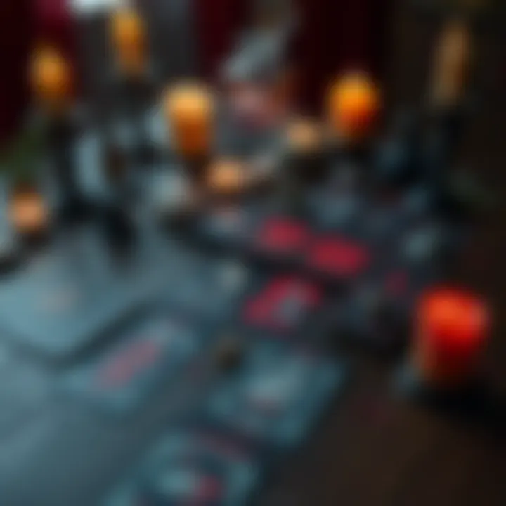 A red and black tarot deck laid out on a wooden table with candles and crystals around it, suggesting a mystical atmosphere.