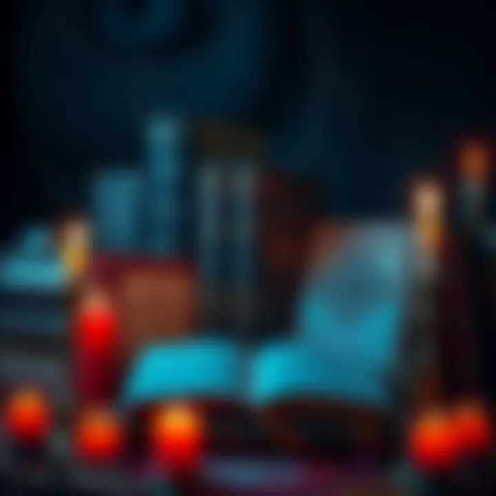 A collection of books about occultism and philosophy, with titles visible on the covers, surrounded by candles and mystical symbols.